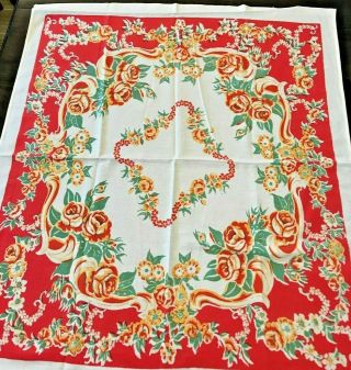 Vintage Cotton Tablecloth Bright Red & Gold Roses 31x35