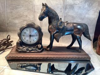 Antique Spartus Brass Horse Electric Horseshoe Mantel Clock Brass Base