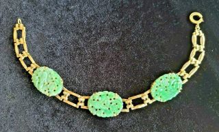 Antique Vintage Green Jade And Gold Chinese Bracelet W/ Bird & Flower