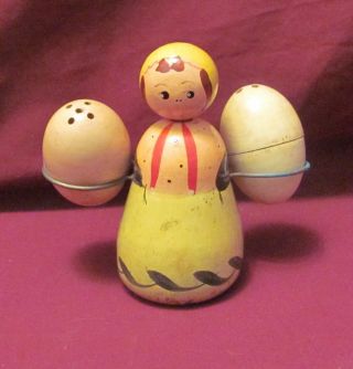 Vintage Unique Wooden Salt And Pepper Shaped Like Girl Holding Eggs - - From Japan