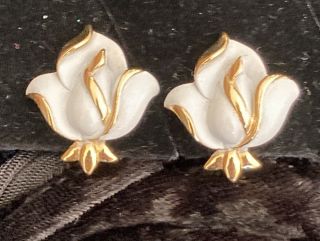 Vintage Trifari White Enamel Rose Clip Back Earrings