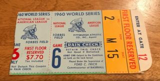 1960 World Series Game 6 Ticket Stub York Yankees Pittsburgh Pirates Forbes