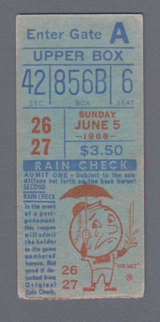 6/5/1966 Sandy Koufax Career Win 148 Ticket Stub Cg 9ks