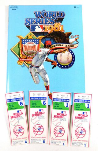 1981 World Series Dodgers Vs.  Yankees Official Program With 4 - Ws Tickets