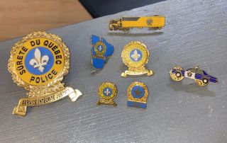 Vintage Surete Du Quebec Police Badge And Lapel Pins Fleur De Lis = 7 Total