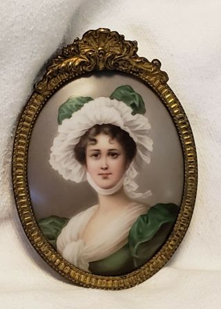 Antique Hand Painted Georgian Lady W Lace Hat On Porcelain,  Framed Miniature