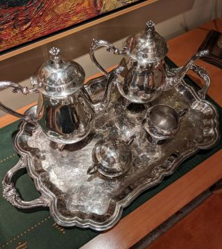 Large Vintage Silver Plate Coffee Tea Sugar Creamer Set W/tray - F.  B.  Rogers