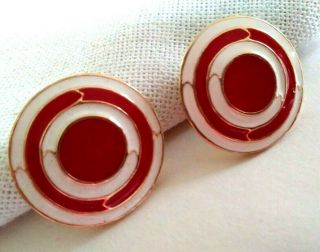 Vintage Red And White Enamel Goldtone Disks Bullseye Pierced Earrings