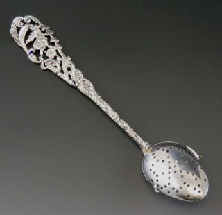 Antique 1890s American Art Nouveau Flower Sterling Silver Tea Strainer Spoon