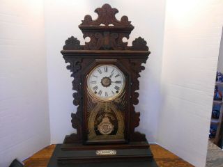 Antique E Ingraham Walnut Gingerbread Clock Pansy Runs