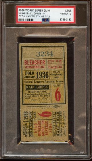 1936 World Series Ticket Stub York Yankees At Giants Game 6 Psa Authentic
