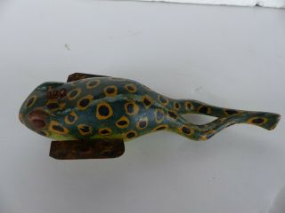 Vintage Frog Fish Decoy Wood Body Lead Weight Tin Fins Painted 7 In Long