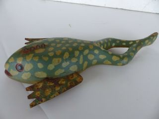 Vintage Frog Fish Decoy Wood Body Lead Weight Tin Fins Painted 9.  75 In Long