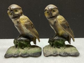 Fabulous Set (pair) Of Antique Cast Iron Owl Bookends W/original Paint Vtg Bird