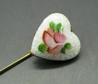 Vintage Gold Tone Stick Lapel Pin White Heart Locket Guilloche Enamel Pink Rose