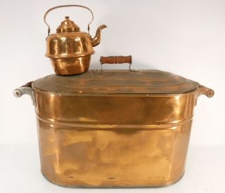 Antique Revere Copper Boiler W/ Lid Wooden Handle,  Teapot Kettle Volund Hamar