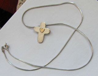 Vtg Sterling Silver Cross 14k Gold Heart Pendant 18 " Italy Snake Chain Necklace