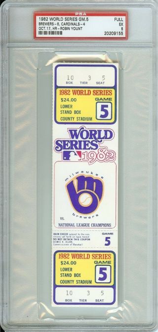 1982 World Series Game 5 Full Ticket Brewers 1st Ws Yount Hr Scarce Psa 5