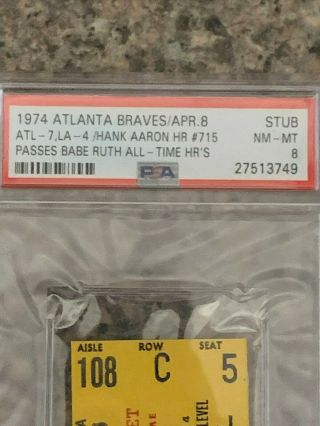 1974 Atlanta Braves Baseball Ticket - Hank Aaron 715th HR passes Ruth - PSA 8 3