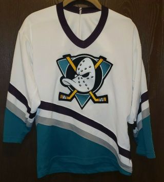Vintage 90s Ccm White Anaheim Mighty Ducks Hockey Jersey Boy L/xl Stitched