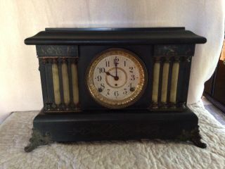 Antique Seth Thomas Adamantine Black Mantle Clock W/ Lions Heads