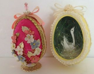 Vintage Handmade Pink Velvet Easter Egg And Yellow Diorama White Wood Swan
