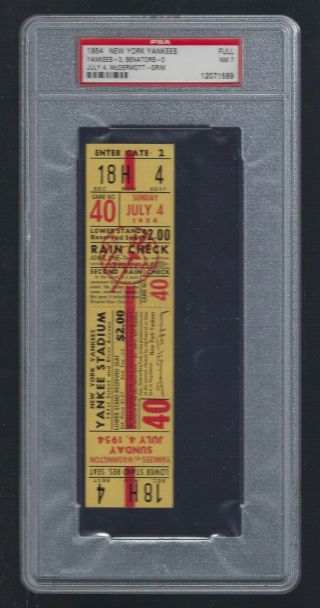 Vintage 1954 Senators @ York Yankees Full Ticket - Mickey Mantle Psa7 - 7/4