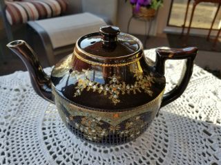 Vintage Brown Glazed Pottery Teapot Hand Painted Flowers Made In Japan Gold Trim