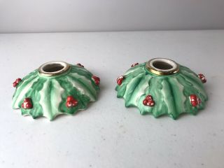 Pair Vintage Christmas Japan Ceramic Candle Holders Hollies Berries