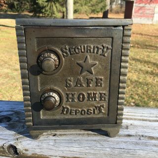 Vtg Antique Cast Iron & Tin Coin Deposit Bank Combination Combo Safe Toy