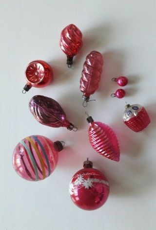 Vintage Pink Glass Christmas Tree Ornaments Group Of 10 Stencil Basket Indent