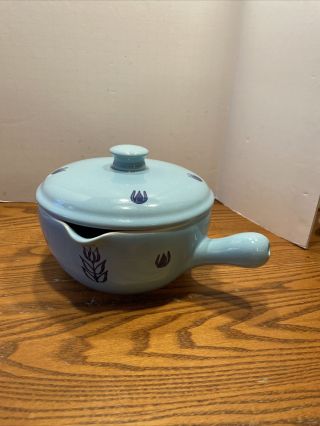 Vintage Cronin Pottery Blue Tulip Covered Casserole With Handle & Spout