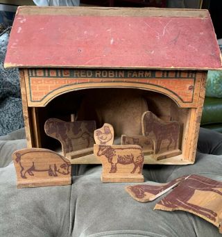 Antique 1930s Converse Red Robin Farm Barn Wood Board Animals Toy