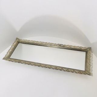 Vintage Vanity Tray Mirror Rectangle Gold Tone Metal Frame Wall Hanging Guc