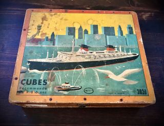 Ss France Wooden Cube Block Puzzle - French Line,  Maiden Arrival In Nyc Ca 1960s