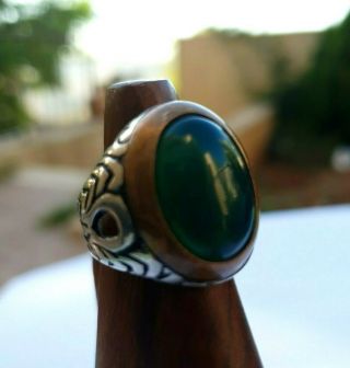 Antique Ottoman Green Agate Stone Sterling Silver 925 & Brass Ring Size 10,  14gr