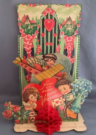 Vintage Valentine Card Boy Girl Heart Flowers Airplane Die Cut Fold Out
