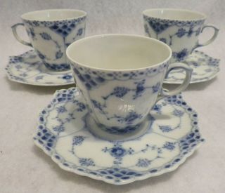 Antique Royal Copenhagen Set Of 3 Demi Blue Fluted Half Lace Cup Saucer Set 1038