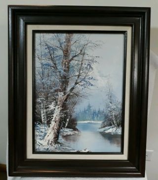 Vintage Oil Painting On Canvas Signed And Framed.  Snowy Landscape Scene.