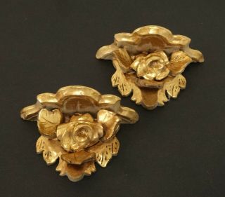 Vtg Gilt Gold French Roses Wall Sconces Carved Wood Pair Petite
