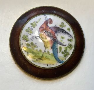 Antique French Button Emaux Peints Enamel Hand Painted Bird Paradise Brass