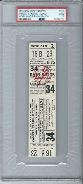 1951 Yankees Full Baseball Ticket - Mickey Mantle 
