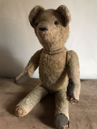 Early Antique Handmade Teddy Bear Straw Stuffed Hand Stitched Worn Aafa Brown