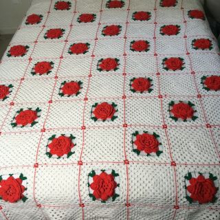 Queen Handmade Crochet Blanket Afghan Granny Square 3d Rose Quilt 93 " X 76 "