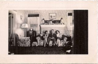 Soldier Man Between Two Women On Couch Christmas Village Mantle Vintage Photo