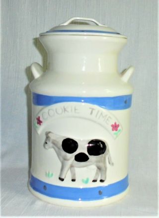 Vintage Unusual Treasure Craft Ceramic Milk Can With Cow " Cookie Time " Jar - Euc