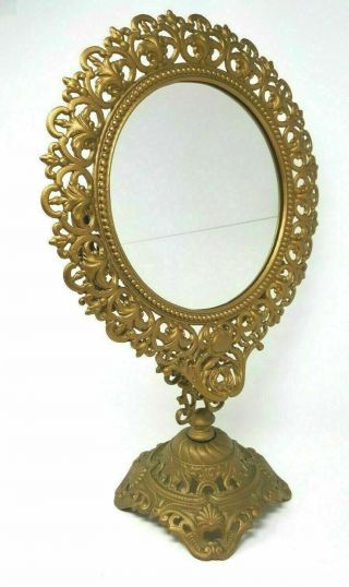 Antique Victorian Ormolu Vanity Make - Up Mirror Ornate Cast Iron Round Frame Foot