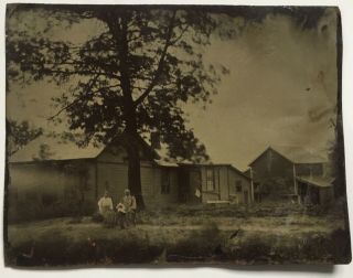 Antique C1890 Full Plate Tintype Photograph Family Farm House Home Barn