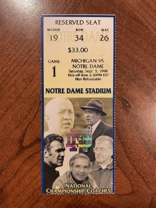 Tom Brady 1st Start Ticket 1998 Notre Dame Vs.  Michigan G.  O.  A.  T.  Patriots Bucs