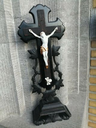 Antique Black Forest Carved Wood Altar Standing Crucifix Porcelain Jesus Corpus